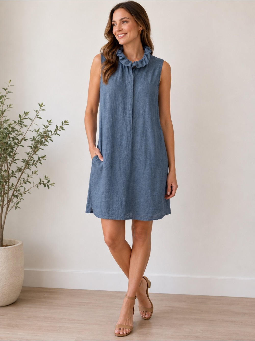 Banana Republic Blue Ruffle Neck Sleeveless Shift Dress Size 10